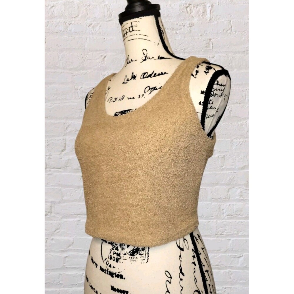 Fuzzy Crop Tank Top Womens XL Beige Sleeveless Basic Comfort Lounge Layer Cozy